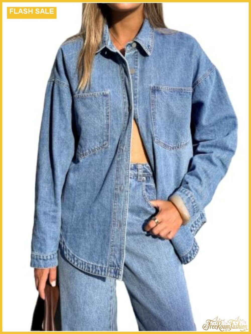 Oversized Denim Button Down Shirt Jacket Long Sleeve Casual Women